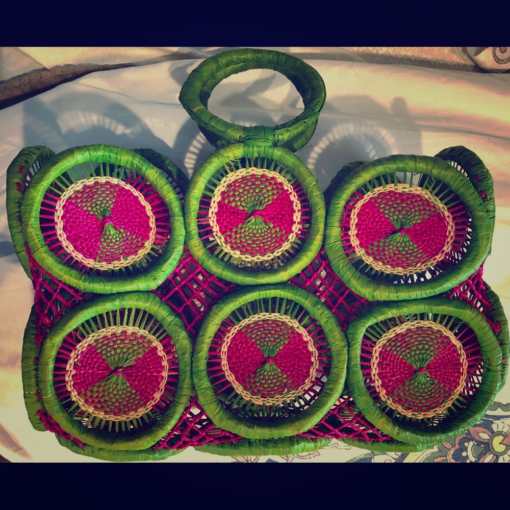 Wicker Pink & Green Handle Bag